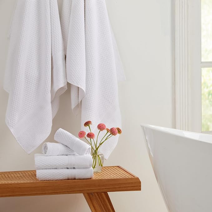 Market & Place 100% Cotton Waffle Weave 6 Piece Towel Set – Soft, Quick-Dry Bath, Hand & Washcloth Towels – Lightweight, Textured Bathroom Set – White | Zoey Collection
