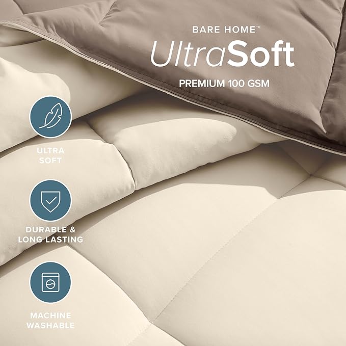 Bare Home Queen Comforter - Reversible Colors - Goose Down Alternative - Ultra-Soft - Premium 1800 Series - All Season Warmth - Bedding Comforter (Queen, Taupe/Sand)