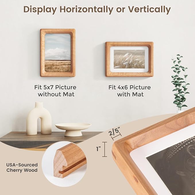 5x7 Picture Frame Set of 2, USA-Sourced Cherry Wood Photo Frame with HD Tempered Glass, Handcrafted Rounded Corner 5 x 7 Wooden Frames Matted to 4x6 Photos, 5x7 Frames, Tabletop or Wall Display