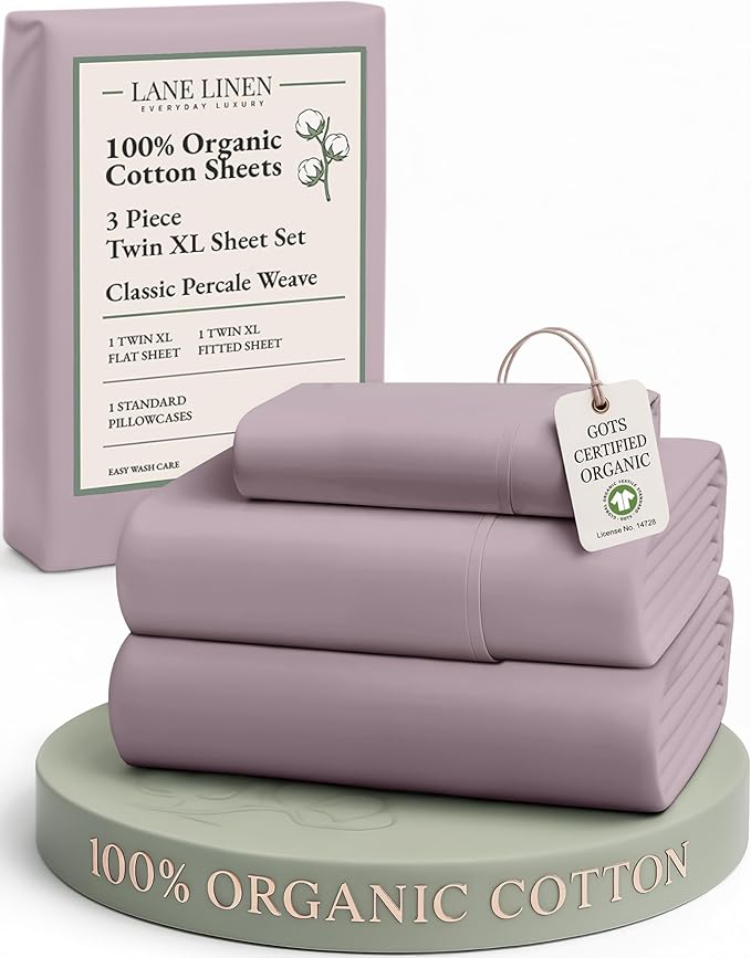 LANE LINEN 100% Organic Cotton Eco Friendly Extra Large Twin Sheets for Hospital Bed, Fully Elasticized Reinforsed Seams in Fitted Pocket, Machine Washable Deep Pocket Twin XL Bedding- Lilac