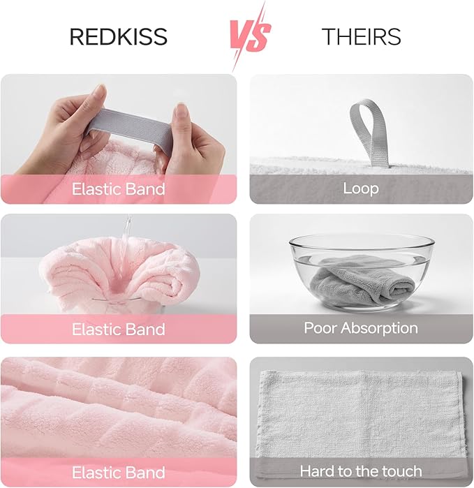 REDKISS 2 Pack Microfiber Hair Towel Wrap for Women, Super Absorbent Quick Dry Hair Turban for Thick Long Curly Hair, Large Stay-Put Anti-Frizz Hair Drying Towels, Pink Blue Gray