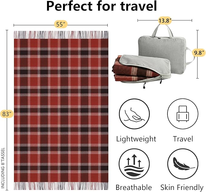 100% Wool Blanket Throw,Buffalo Plaid Wool Blanket with Compact Bag,Rustic Soft Lightweight Blanket for Couch,Sofa,Bed & Home Decoration, Warm Travel Blanket for Home, Airplane,Ideal Gifts 55"x83"