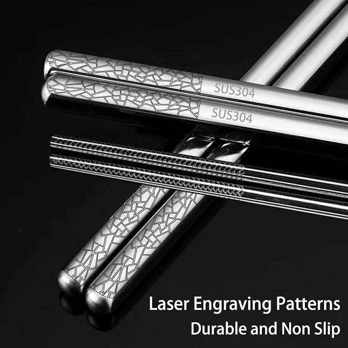 Stainless Steel Chopsticks Reusable, 5 Pairs, Silver Crack Pattern | Dishwasher Safe,18/8 Stainless Steel,Metal Chopsticks,Lightweight,Non-Slip,Laser engraving patterns