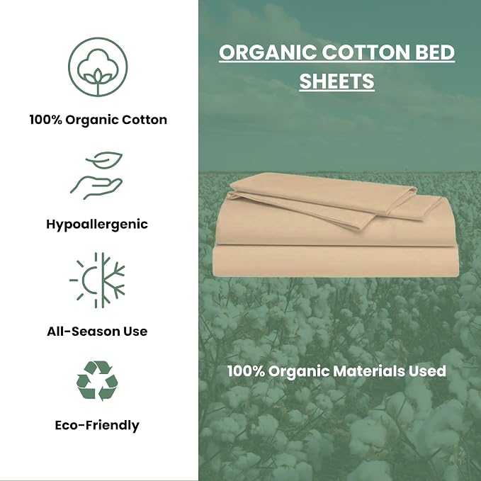 ORGANIC TEXTILES Premium Quality Bed Sheets - Organic Cotton 550 Thread Count - GOTS Certified - King, (4 Pc. Set) - Sand