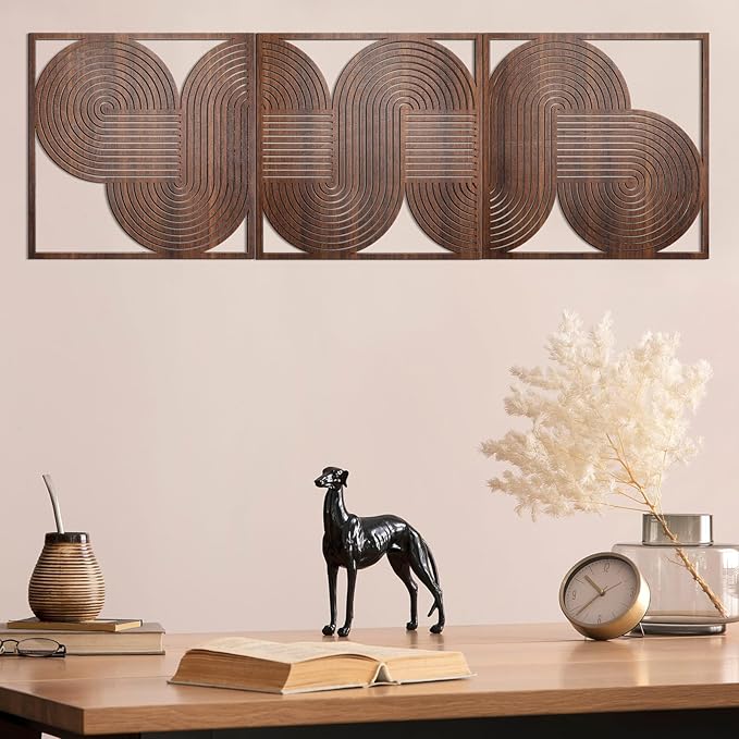 Yerliker 3 Pcs Mid Century Modern Wood Wall Art Decorations 3D Geometric Abstract Wall Sculpture for Living Room Bedroom Office Minimalist Aesthetic(Mid-century,11.81 x 11.81 x 1.97 Inch)