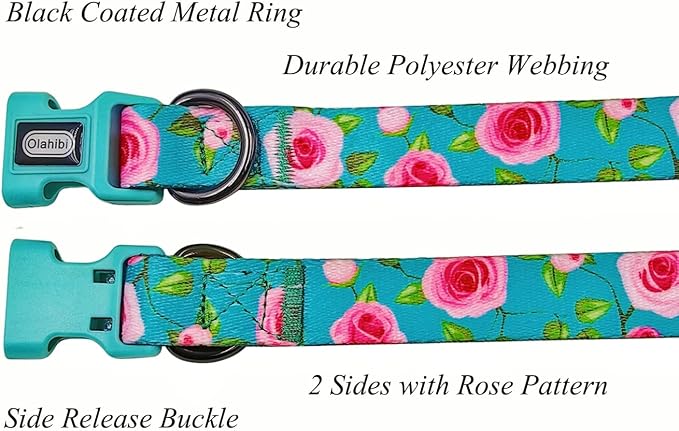 Dog Collar and Leash Set, Rose Pattern, Polyester Material, 5ft Matching Leash, for Medium Dogs.(M, Green Rose Set)