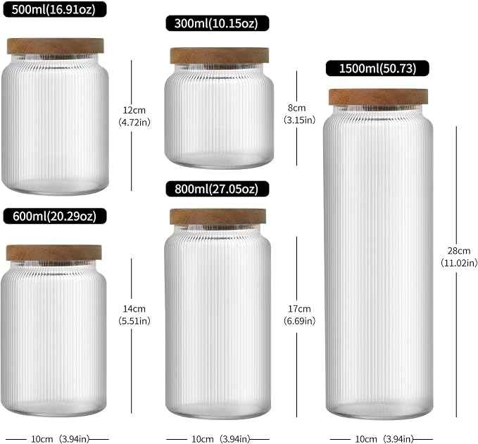 Glass Jars with Lids - Glass Storage Containers with Airtight Wood Lids - SpiceJjars - Kitchen Canisters for Tea,Coffee,Sugar,Spaghetti,Cereal,Flour