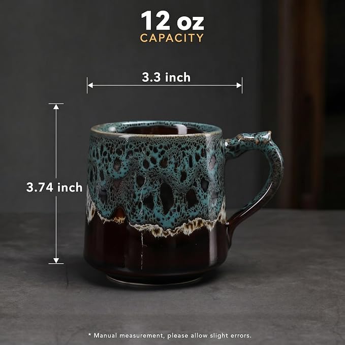 12oz Boho Style Leopard Pattern Reactive Glaze Ceramic Pottery Coffee Mug, Lead-Free Glaze Ceramic Tea Mug,Tea cup with handle, stoneware mugs, Microwave and Dishwasher Safe (blue) (Blue)