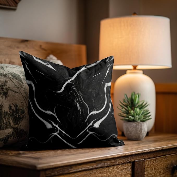 Shrahala Marble Black Decorative Throw Pillow Cover, Skin Black Marble Square Pillowcase Blended Double-Sided No Inserts for Bedroom Living Room Set of 2 (26 X 26 in)