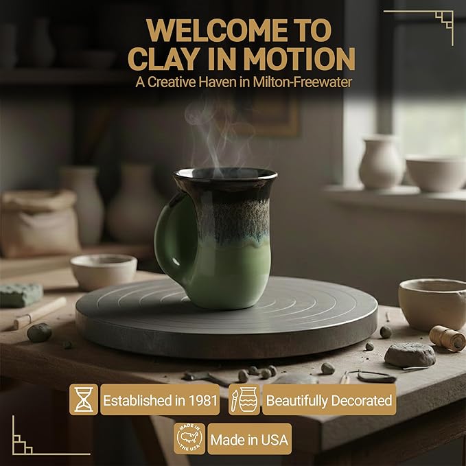 Clay in Motion Hand Warmer Coffee Mug – Handmade Coffee Mug With Comfortable Handle Contoured Pocket Hand Warming Ceramic Coffee Mug – Proudly Made in USA – Left Handed – 14 Oz - Midnight Prairie