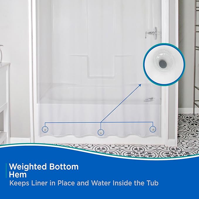 Kenney KN61433 Lightweight 3 Gauge Waterproof PEVA Shower Curtain Liner with Durable Eyelet Hang Holes and Weighted Magnetic Hem for Bathroom, 70" W x 72" H, Clear, 1-Pack