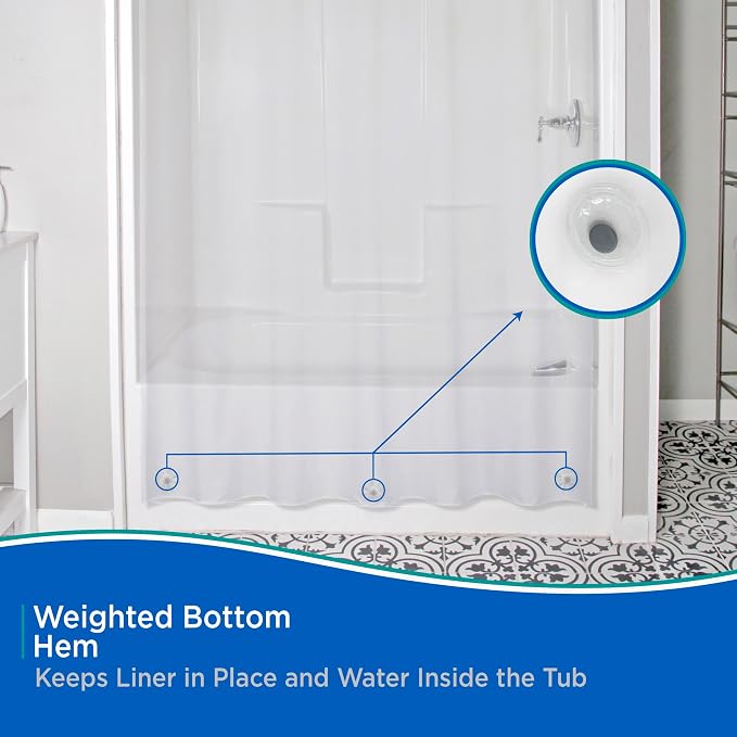 Kenney KN61443 Medium Weight 5 Gauge Waterproof PEVA Shower Curtain Liner with Rust-Resistant Metal Grommets and Weighted Magnetic Hem for Bathroom, 70" W x 72" H, Clear, 1-Pack