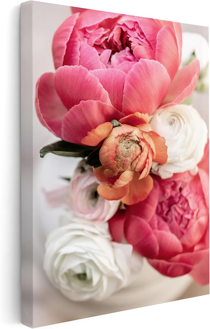 Monem Art Pink Peony Floral Macro Photography Print - Romantic Flower Art Poster - Wall Decor for Living Room, Bedroom or Office - 18x24 STRETCHED CANVAS Wall Art by Mareike Bohmer
