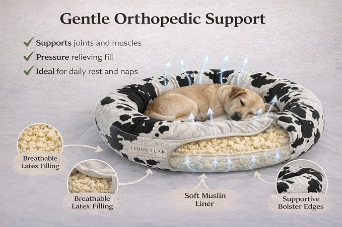 Round Dog Bed – Natural Canvas, Removable Washable Cover, Raw Cotton or Latex Fill, Hypoallergenic Non-Toxic, Made in USA (Cow Print Black White, X-Small, Soft Comfort – Organic Latex)