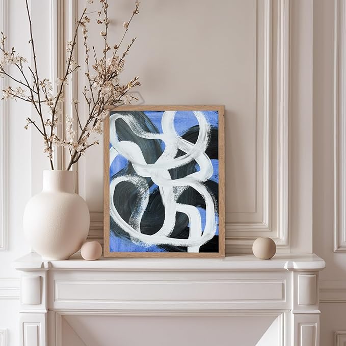 Monem Art Bold Blue Brushstroke Abstract Print - Modern Textured Line Art Poster - Wall Decor for Living Room, Bedroom or Office - 8x10 Beige Framed Wall Art by Mareike Bohmer