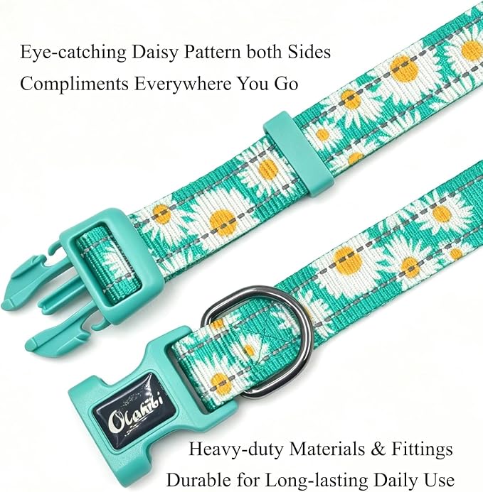Dog Collar Leash Set, Floral Pattern, with Safety Reflective Strips, 5 ft Matching Leash, Neoprene Padded Handle, Adjustable 4 Sizes for Small Medium Large Dogs.(S, Green Daisy)