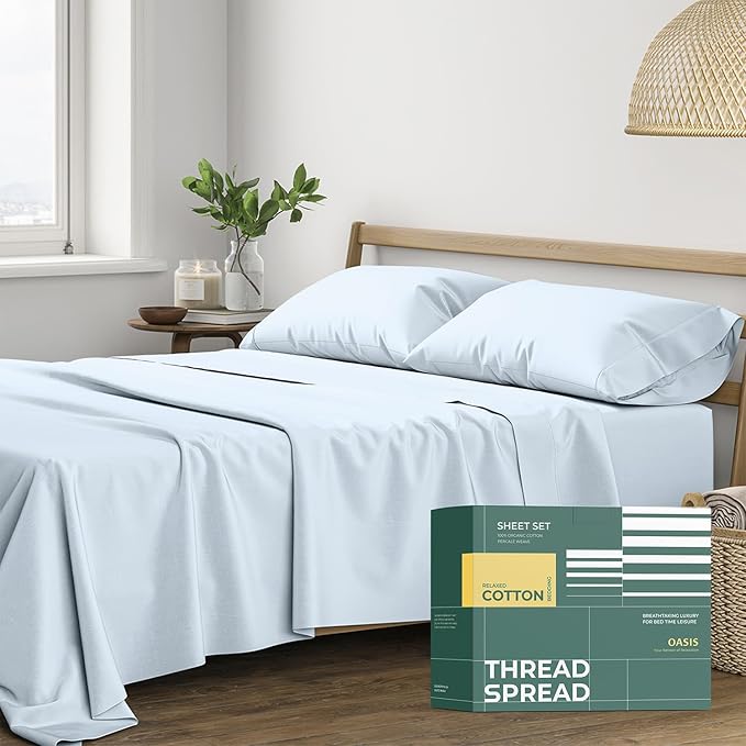 Thread Spread 100% Organic Cotton Sheets California King Size - 4 PC Organic Cotton Cal King Size Percale Weave Sheet Set, Soft, Cooling & Crisp, 16" Deep Pocket Hotel Quality Bedding Set - Light Blue
