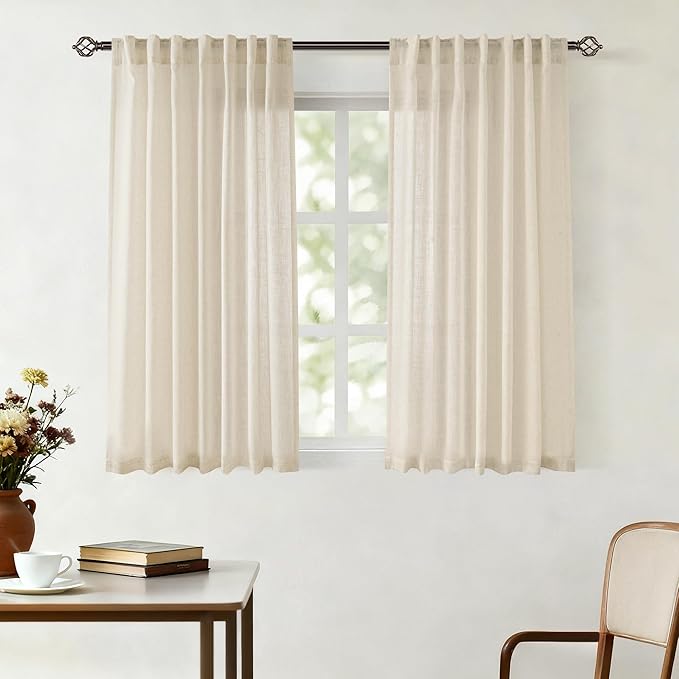 Faux Linen Beige Curtains 45 inches Long for Living Room Rustic Farmhouse Linen Drapes Semi Sheer Burlap Textured Canvas Cloth Curtain Panels Set of 2 Kahki Tan Colored
