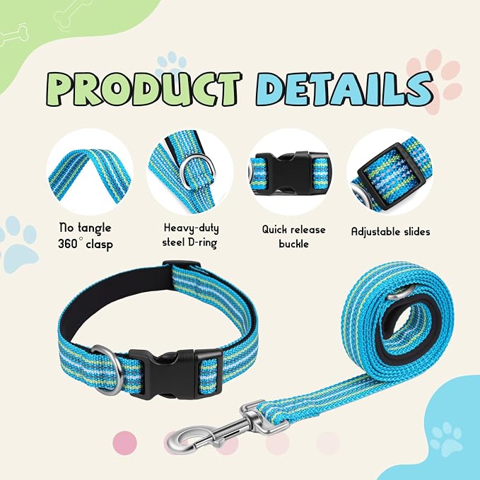 Reflective Dog Collar and Leash Set, Nylon Dog Leash with Heavy-Duty Steel D-Ring, Adjustable with Quick Release Buckle for Medium Dogs,Cyan M