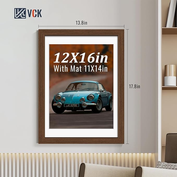 VCK 12x16 Picture Frames Brown 3 Pack, Wide Border Wood, Tempered Glass, Display 11x14 Photo with Mat or 12 x 16 without, for Home, Office, Gallery, Woodgrain Series, Wall Hanging