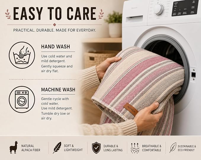 Alpaca Wool Throw Blanket, Rosé Stripes, Queen 95" x 65" | Ultra-Soft, Warm & Breathable, Hypoallergenic, Non-Itchy Alpaca Fabric, Lightweight for Couch, Bed & Travel