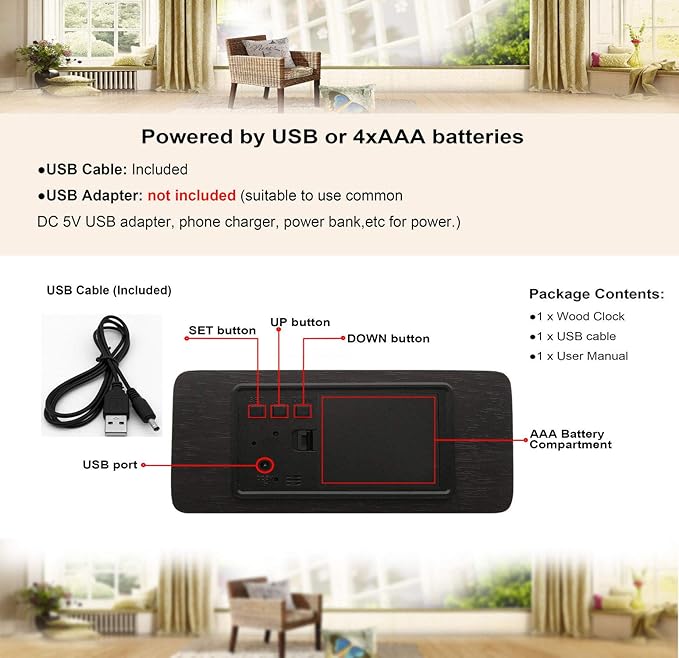 Wooden Alarm Clock Modern Wood Clock Digital Electronic Desk Clock LED Display Time Date Temperature Humidity Voice Control 3 Alarms 3 Brightness for Home Office Kids (Black,Green)