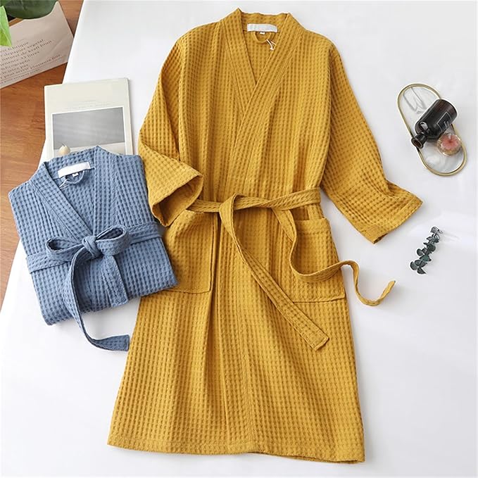 Waffle Bathrobe for Men Women, 100% Cotton Kimono Robes with Pockets & Belt, Soft Absorbent Knee-Length Robe for Bath Spa