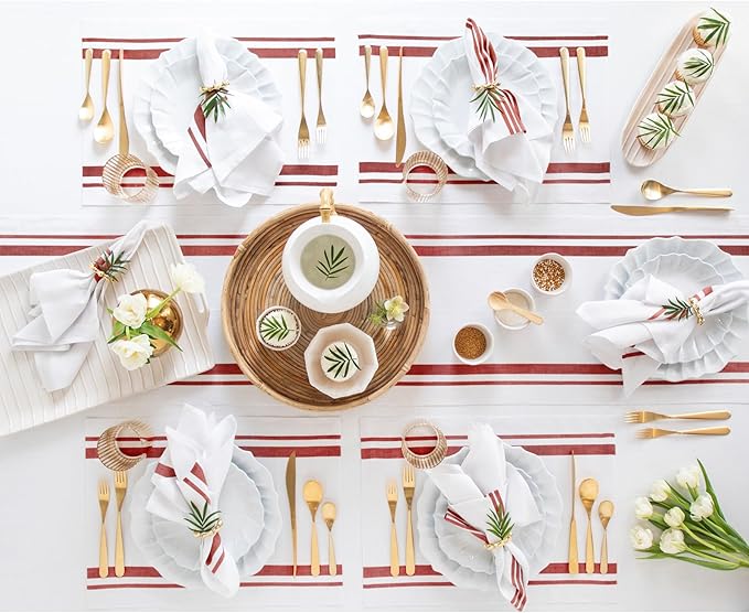 Solino Home Linen Placemats Set of 4 - French Stripe Red and White Placemats 14 x 19 Inch - 100% Pure Linen Table Mats for Summer, 4th of July