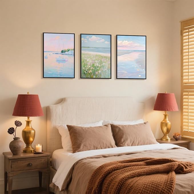 Coastal Pink Wall Art Set of 3 Maximalist Ocean & Beach Landscape Canvas Poster Trendy Sailboats Flowers Sunset Painting Pastel Picture Prints for Bedroom Home Decor 24x36inch Aluminum Framed