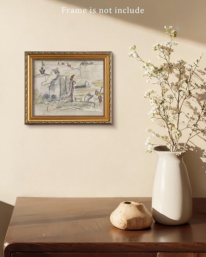 Vodefoad Vintage Abstract Landscape Neutral Sketch Print, Minimalist Watercolor & Pencil Wall Art, Modern Beige Line Drawing Interior Office Decor, Antique Neutral Oil Painting Vintage Art Pictures for Bedroom Bathroom Decor - 8x10Inch Unframe
