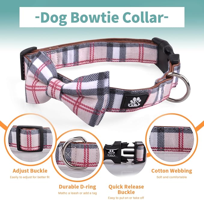 IVY&LANE Dog Collar with Bowtie and Leash Set | Plaid Adjustable Dog Collar | Detachable Bow Tie |5 FT Dog Leash | for Small Medium Large Dogs | Checkered Beige | X-Small