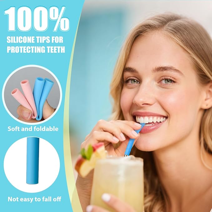 2 Size Stainless Steel Straw with Silicone Tip 6 Pack, 9 inch Reusable Metal Drinking Straws for Cocktail Glasses, 20 30 32oz Tumblers Cups, Smoothies, with Cleaning Brush & Portable Bag