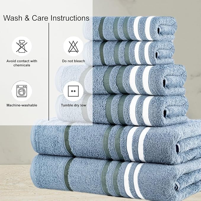 CASA COPENHAGEN Exotic 6Pcs 100% Egyptian Cotton Designer Towels Gift Set- Dusty Blue, 550GSM,2Bath2Hand2Washcloths,Bath Towels for Bathroom (Box Pack,Gift Ribbon Set for Women & Men)