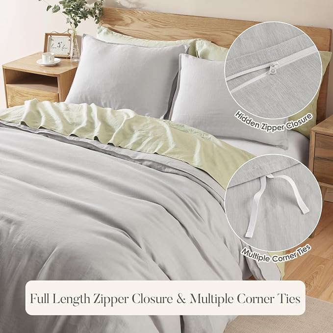 DAPU 100% Linen Duvet Cover Set - Pure Natural French Flax Linen with Corner Ties and Zipper Closure Soft Breathable Durable for Hot Sleepers 1 Duvet Cover 2 Pillowcases (Fog Gray, King)
