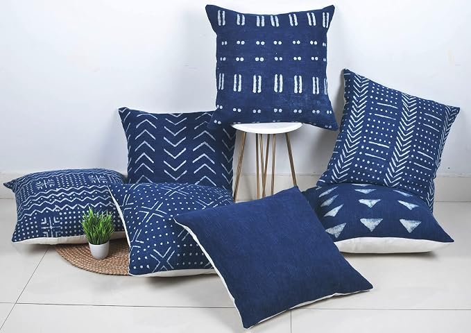 Trade Star Indigo Square Cushion Cover Handmade Sofa Pillowcase Hand Block Farmhouse Accent Cushion Cover Luxury Sofa Throw Pillow Cover for Living Decor (Indigo (Blossom), 18 X 18 Inch)