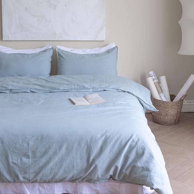 BISELINA French Linen Duvet Cover Set 3pcs with Hidden Zipper Closure Natural Flax Cotton Blend Solid Color Soft Breathable Luxury Farmhouse Bedding -Queen Size, Dusty Blue