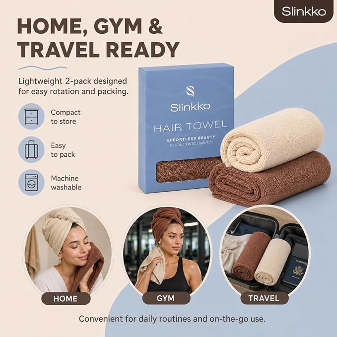 Microfiber Hair Towel Wrap for Women – Ultra Absorbent Quick Dry Turban | Button & Loop Design | Soft Lightweight Fabric | Reduces Frizz & Breakage | All Hair Types | Beige & Brown