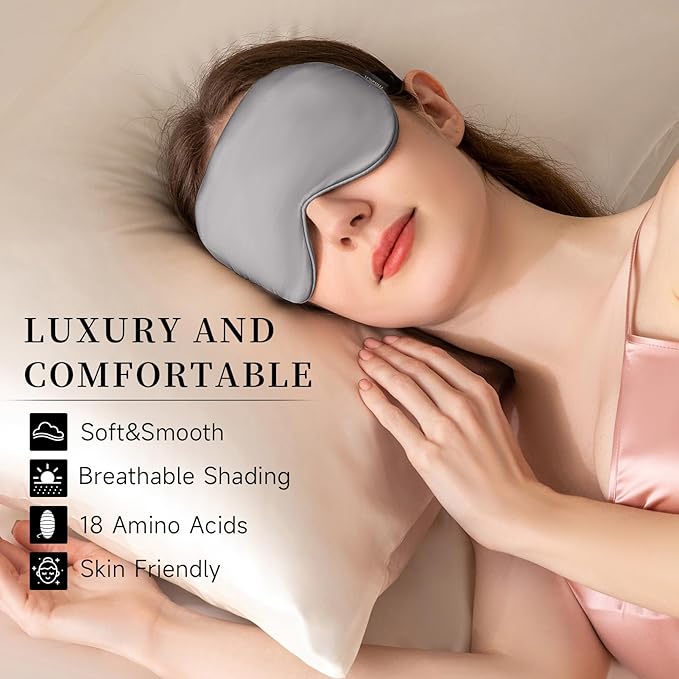 THXSILK Sleep Mask 100% 19 Momme Pure Mulberry Silk Super Smooth Cooling Sleep Eye Mask Blackout for Women/Man/Kids Eye Cover with Wide Head Strap Good Night Sleep Comfortable Travel and Nap, Grey