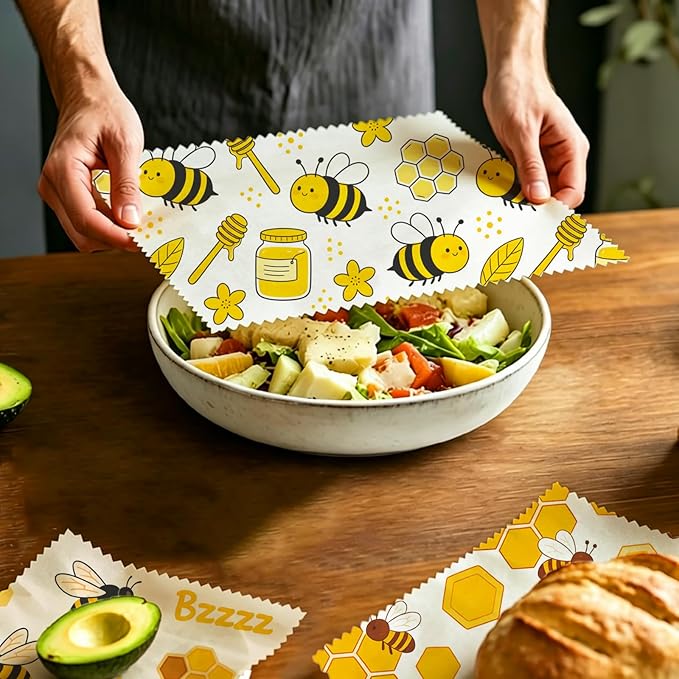 Reusable Beeswax Wraps, 9 Pack For Sandwich, Bread, Fruit, Bowl, Organic, Sustainable, Zero Waste, Plastic-Free, Eco-Friendly Food Storage, 1XL, 3M, 5S, Bee and Honeycomb Pattern