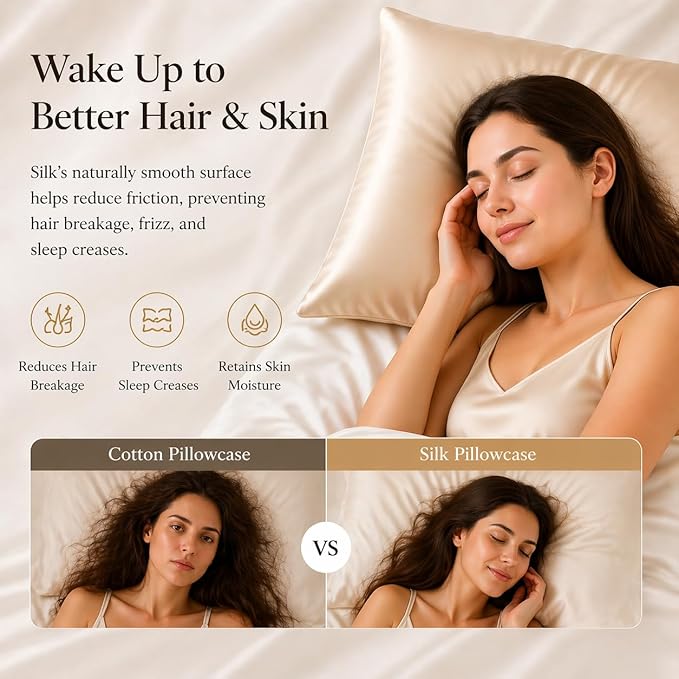Beige Silk Pillow Cases Queen, 100% Mulberry Silk Pillowcase for Hair and Skin Made in USA, 22 Momme, Zipper Closure, Anti Acne, Soft, 1 Pack 20"x30"(Queen, Beige)