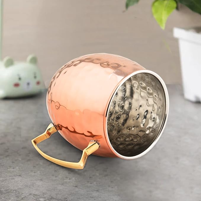 BOLD & DIVINE Copper Plated Moscow Mule Mugs Set of 2 | 18 Oz Hammered Cups with 304 Stainless Steel Lining and Gold Brass Handles | Bonus Copper Straws, Shot Glass & Cleaning Brush