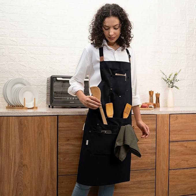 Cotton Canvas Apron for Women & Men – Adjustable Neck Strap & Waist Ties with Pockets