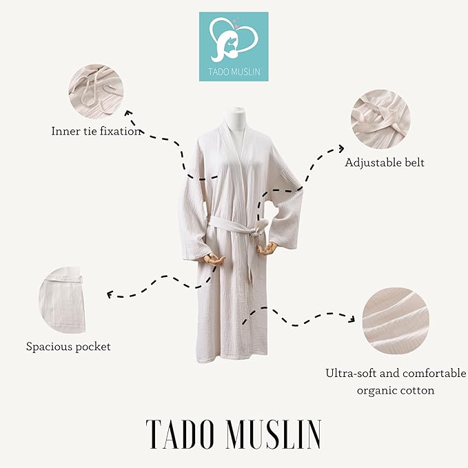 Women's Organic Cotton Bathrobe Long Sleeve Nightgowns Lightweight Waist-Tie Bath Robe for Home Spa Muslin Cotton Beach Wear