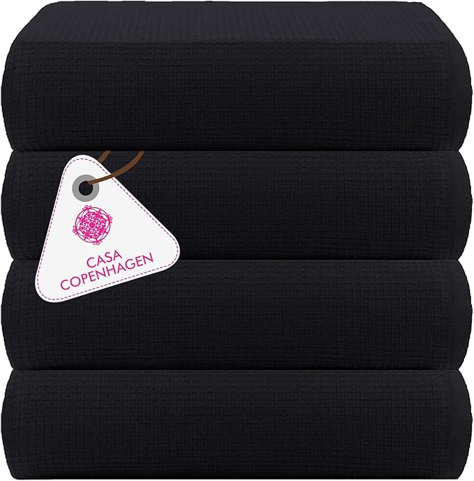 CASA COPENHAGEN Wafffle 4Pcs 100% Egyptian Cotton Large Designer Towels Gift Set- Dark Black, 55"x27", 4Bath Towels for Bathroom (Box Pack, Gift Set for Women & Men)