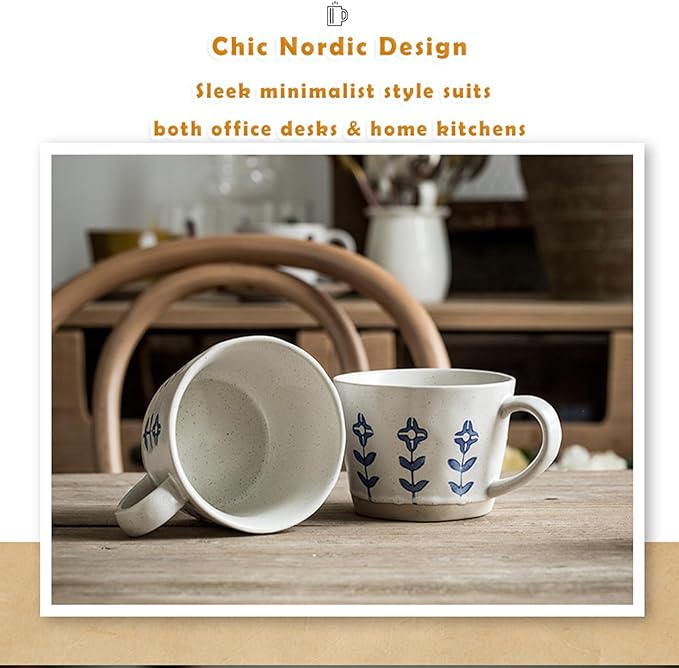 Ceramic Mugs for Men & Women, Unique Microwave & Dishwasher Safe Tea/Coffee Rustic Stoneware Cups for Office & Home (Blue Floral Mug)