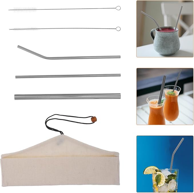 FOMIYES Reusable Stainless Steel Straws Set with Gold Plated Thick Bent and Straight Straws Silver 6pcs Kit for Smoothies and Drinks