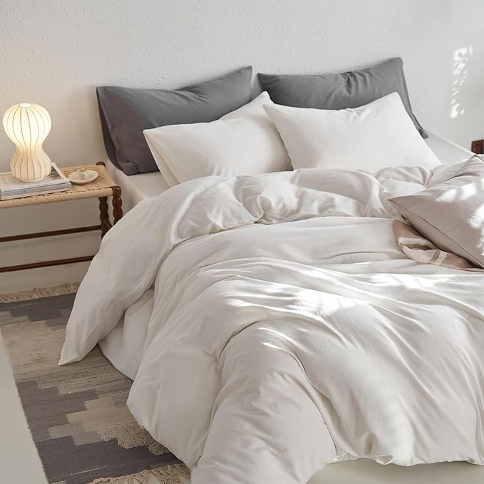 MooMee King Duvet Cover Set, 100% Washed Cotton Linen Like Twill Thick Sturdy Material Super Soft Breathable Durable Bedding for All Season, 3 Pieces (Off White, King 104"x90")