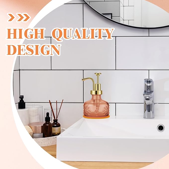Tioncy 2 Pcs Antique Soap Dispenser Kitchen Bathroom Countertop Glass Soap Pump Dispenser Refillable Rustic Small Liquid Container with Non Slip Silicone Coaster(Orange)