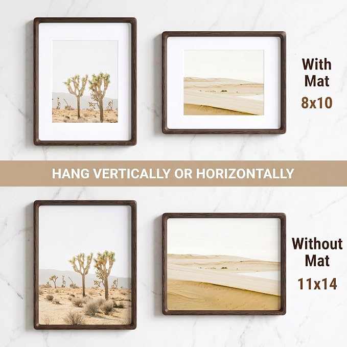 11x14 Picture Frame, Natural Wenge Wood Photo Frame with HD Tempered Glass, Handcrafted Rounded Corner 11 x 14 Wooden Frames Matted to 8x10 Photos, Horizontal or Vertical Wall Display, 2 Pack