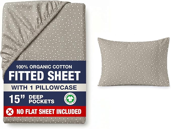 LANE LINEN Twin XL Fitted Sheet, 100% Organic Cotton 2-Piece Set (1 Fitted Sheet, 1 Pillowcase), Percale Weave, Bottom Sheet, Soft, Fits Mattress Upto 15" Deep - Grey (White Dot)(No Flat Sheet)